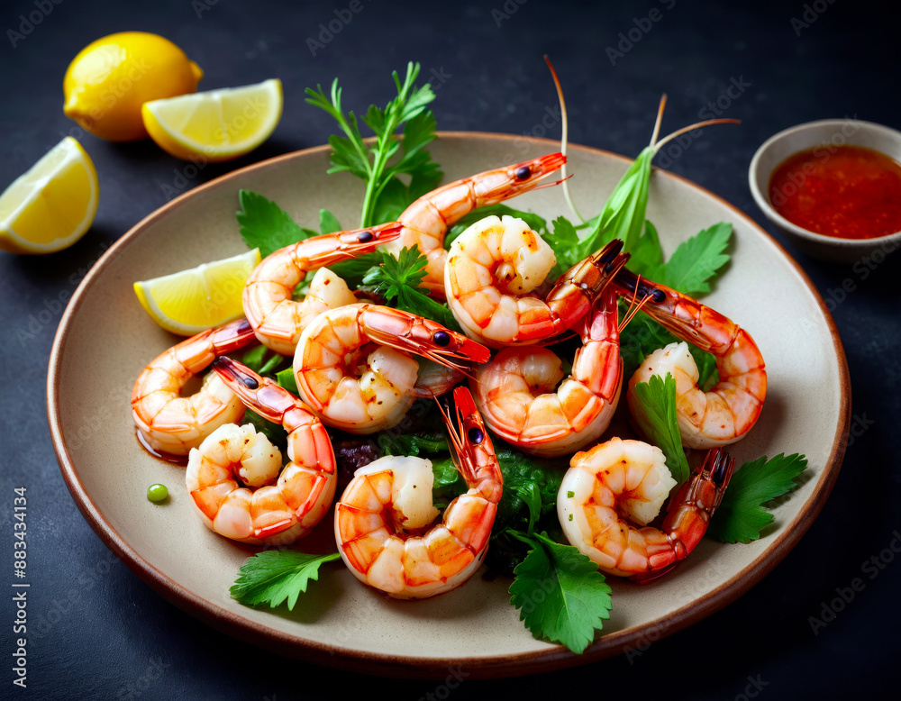 Grilled shrimp with herbs and lemon on a plate, close-up Grilled shrimp with herbs and lemon on a plate, close-up