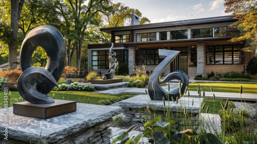 The modern sculpture garden of a Suburban Colonial home, featuring abstract pieces that contrast with the home's traditional architecture