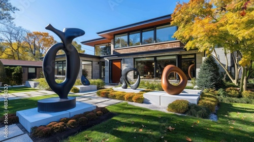The modern sculpture garden of a Suburban Colonial home, featuring abstract pieces that contrast with the home's traditional architecture