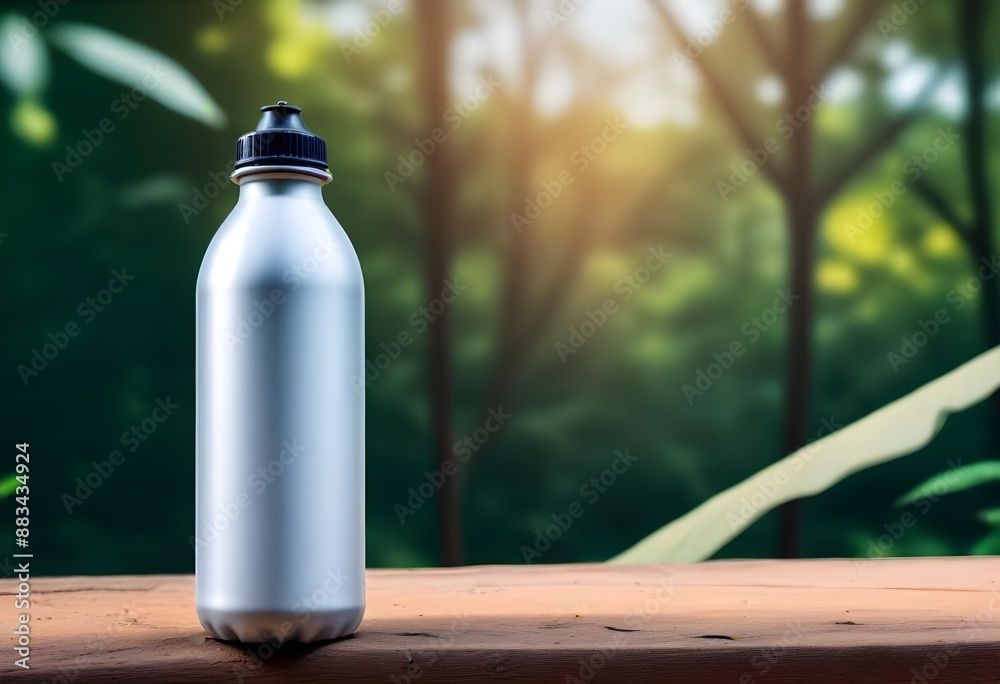 A colorful aluminum bottle with a White empty label on it, free space for your logo or brand name, on a wooden table in a blurred natural outdoor setting A colorful aluminum bottle with a White empty label on it, free space for your logo or brand name, on a wooden table in a blurred natural outdoor setting