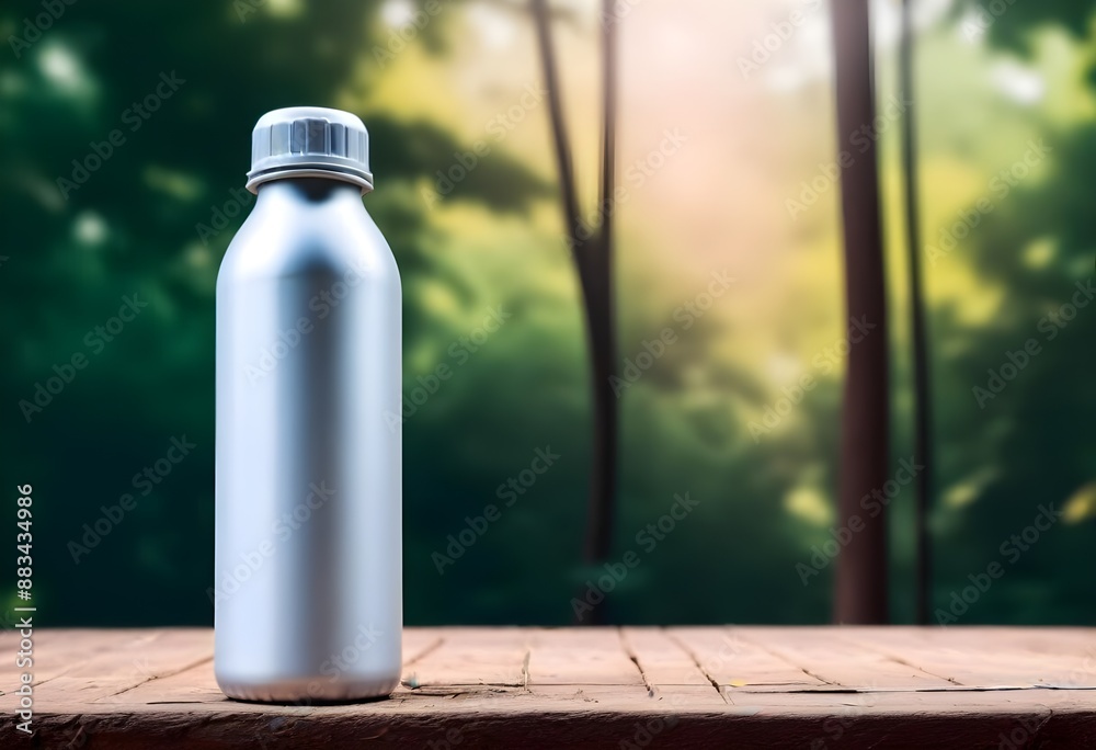 A colorful aluminum bottle with a White empty label on it, free space for your logo or brand name, on a wooden table in a blurred natural outdoor setting A colorful aluminum bottle with a White empty label on it, free space for your logo or brand name, on a wooden table in a blurred natural outdoor setting
