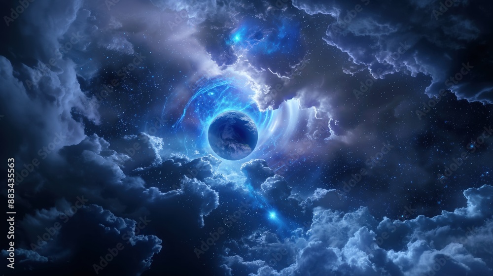 Fototapeta premium Cosmic scene with a planet surrounded by swirling clouds and bright stars, depicting an ethereal and mystical outer space atmosphere.