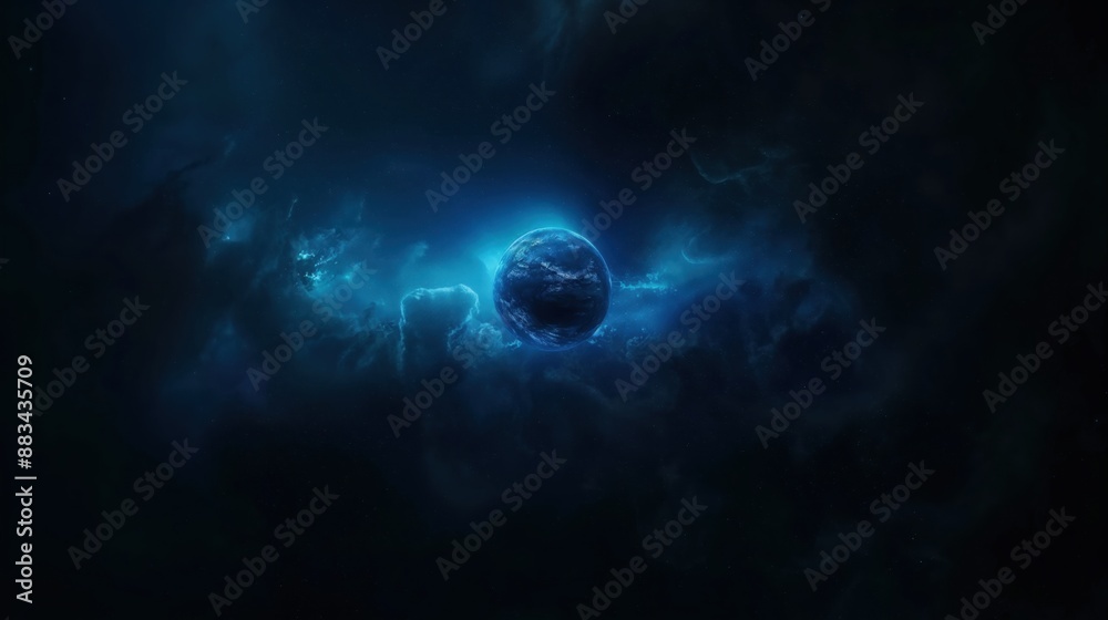 Fototapeta premium A digitally rendered image of a planet in a dark space environment with glowing blue nebula clouds surrounding it.