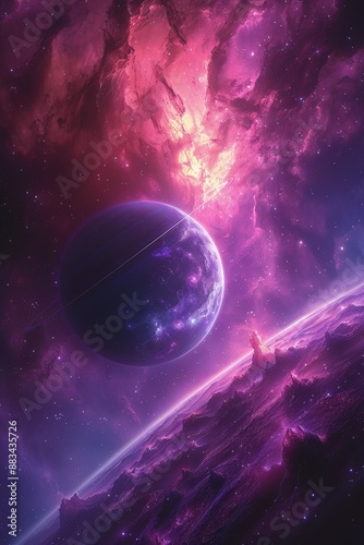 Vivid Neon Purple Galactic Scene Featuring a Mysterious Planet, Dynamic Nebula Clouds, and a Surreal Cosmic Landscapespace photo