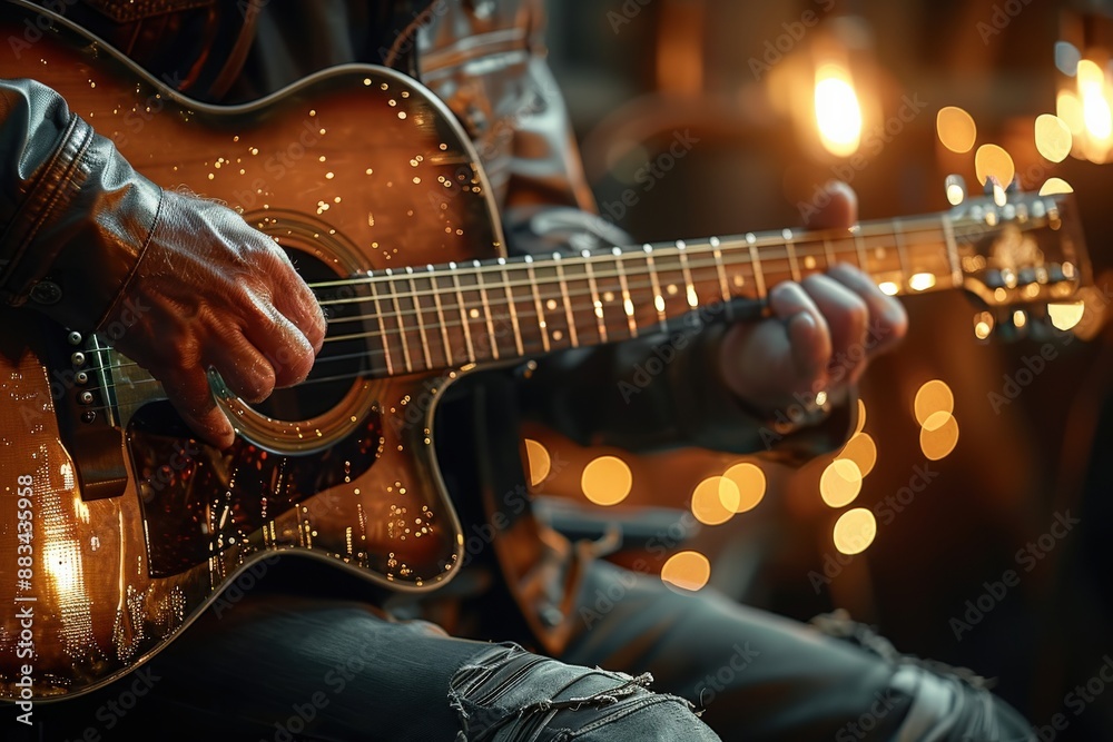 Obraz premium Close-up of musician's hands playing an acoustic guitar with warm bokeh lights in the background, capturing the essence of live music performance and artistic expressionguitar