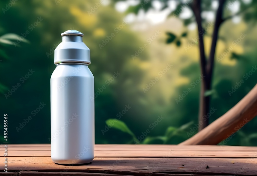 A colorful aluminum bottle with a White empty label on it, free space for your logo or brand name, on a wooden table in a blurred natural outdoor setting A colorful aluminum bottle with a White empty label on it, free space for your logo or brand name, on a wooden table in a blurred natural outdoor setting