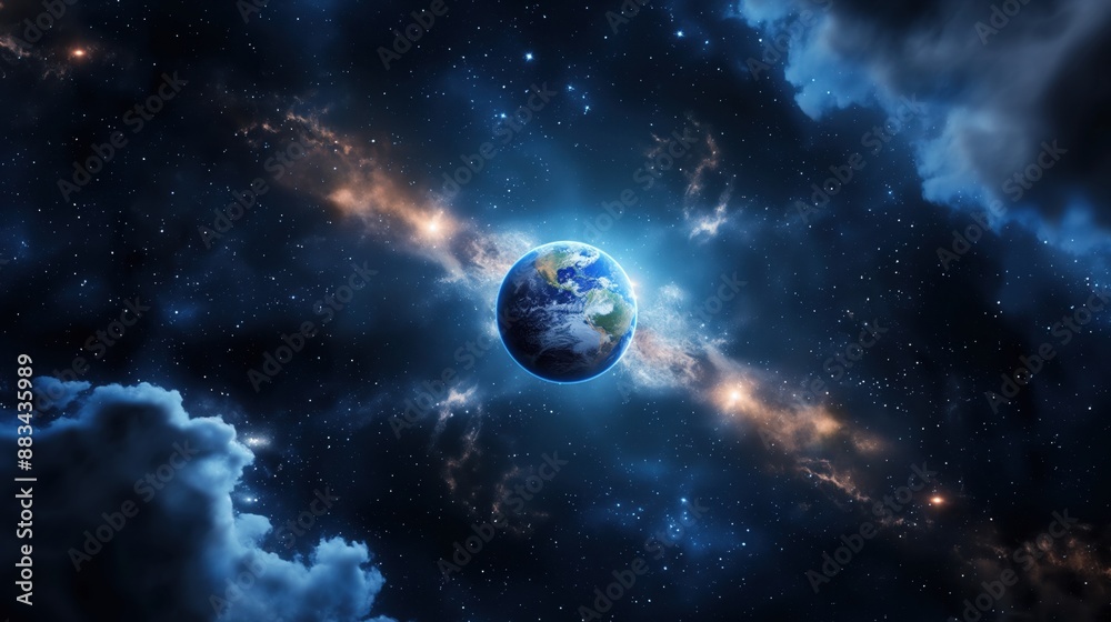 A stunning view of Earth from space surrounded by stars, nebulae, and cosmic clouds, capturing the beauty of the universe. A stunning view of Earth from space surrounded by stars, nebulae, and cosmic clouds, capturing the beauty of the universe.