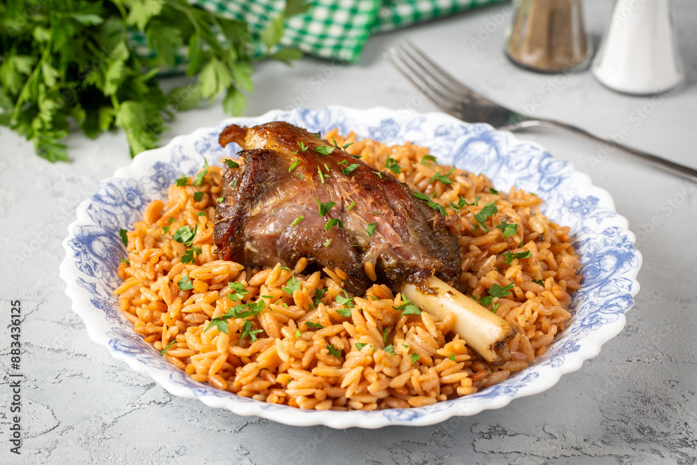 Local Turkish food; Lamb on barley noodle. Turkish name; Ankara Tava or sehriyeli pilav ustu kuzu incik