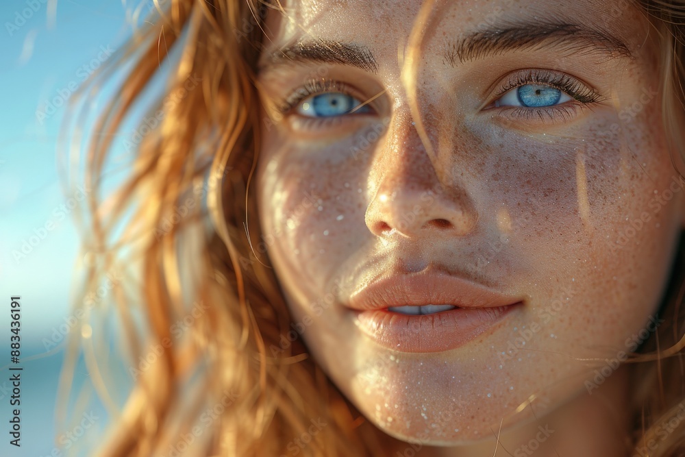 Close-up Portrait of a Young Woman with Freckles and Blue Eyes, Sun-kissed Skin, Red Hair, and a Natural Beach Look on a Bright Sunny Daywoman Close-up Portrait of a Young Woman with Freckles and Blue Eyes, Sun-kissed Skin, Red Hair, and a Natural Beach Look on a Bright Sunny Daywoman