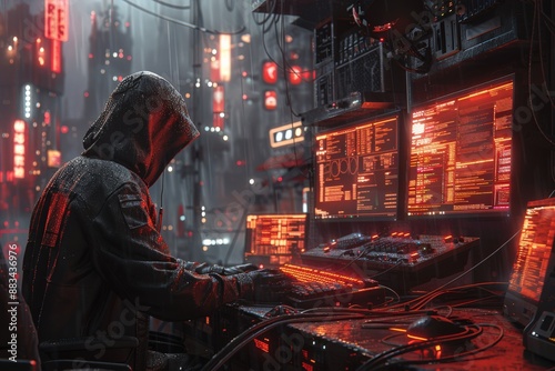 Cyberpunk Cityscape with Hacker in Hooded Jacket Working on Multiple Computer Screens Amid Rain and Neon Lights at NightHacker