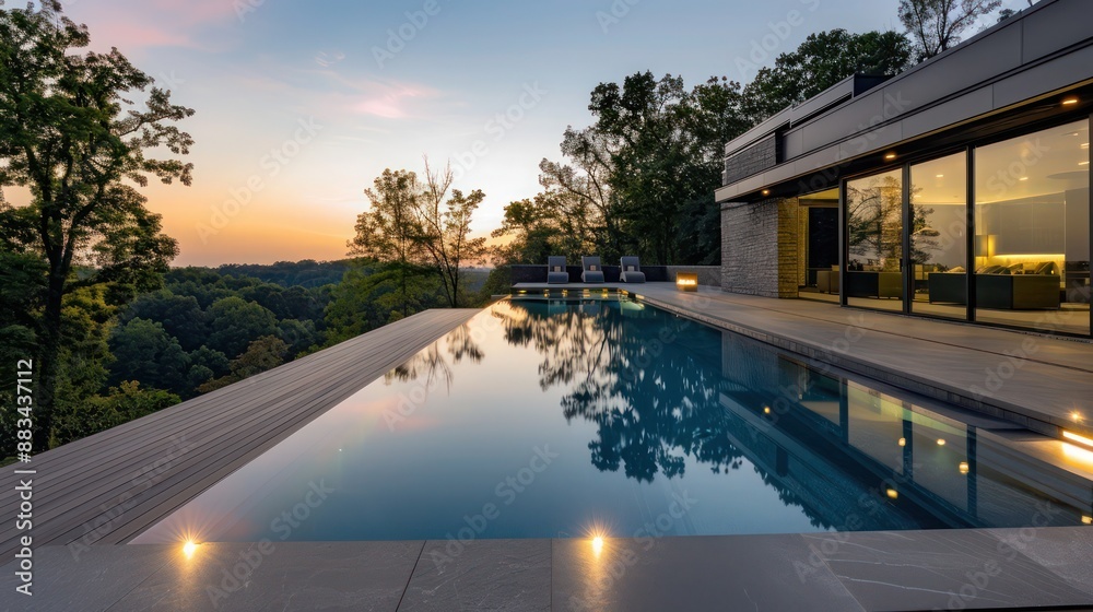 Fototapeta premium Suburban Modern home's infinity pool with a floating deck, integrated lighting, and views of the surrounding nature