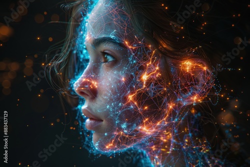 Profile of a young woman with glowing digital neural networks on her face, representing futuristic technology and artificial intelligence