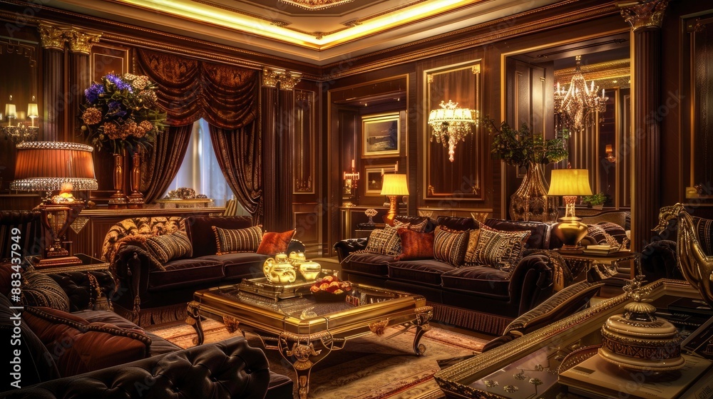 Step into a luxurious living room exuding elegance and sophistication, featuring plush furnishings, exquisite decor, and ambient lighting. Step into a luxurious living room exuding elegance and sophistication, featuring plush furnishings, exquisite decor, and ambient lighting.