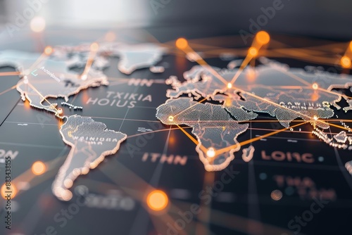 Digital world map with interconnected trade routes, showcasing worldwide commerce and global exchange photo