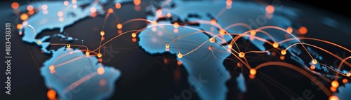 Global sales network with interconnected continents, highlighting international trade and import activities