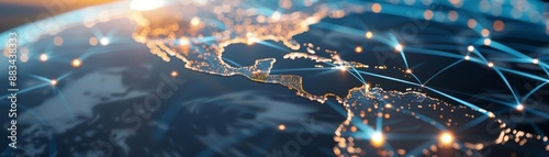 Global sales network with interconnected continents, highlighting international trade and import activities