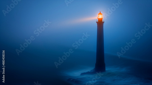 A single, brightly lit lighthouse standing tall amidst a dark, stormy sea, representing the guidance and direction provided by a strong leader. 