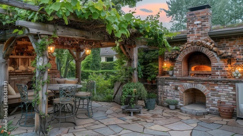 The rustic, outdoor bistro area in the backyard of a Suburban Colonial home, complete with a brick oven and vine-covered pergola