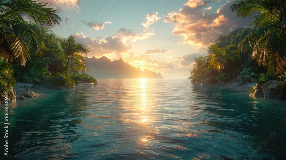 Fototapeta premium Scenic tropical island paradise with lush palm trees and serene crystal-clear waters at sunrise, featuring dramatic clouds and distant mountainstropical