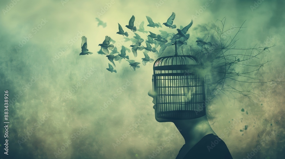Obraz premium Surreal image of a human silhouette with a birdcage as a head, from which birds are flying out, symbolizing freedom and creativity.