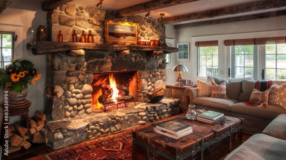 The rustic stone fireplace in a Suburban Cape Cod home's living room, creating a cozy gathering spot for chilly evenings The rustic stone fireplace in a Suburban Cape Cod home's living room, creating a cozy gathering spot for chilly evenings