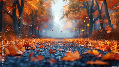 Scenic Autumn Forest Path Covered in Colorful Fallen Leaves with Vibrant Orange Foliage and Misty Blue Background in Fall Seasonautumn photo