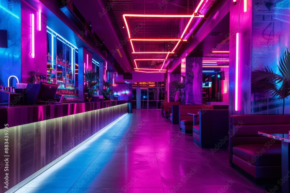 A trendy nightclub with neon lights and a dance floor. A trendy nightclub with neon lights and a dance floor.