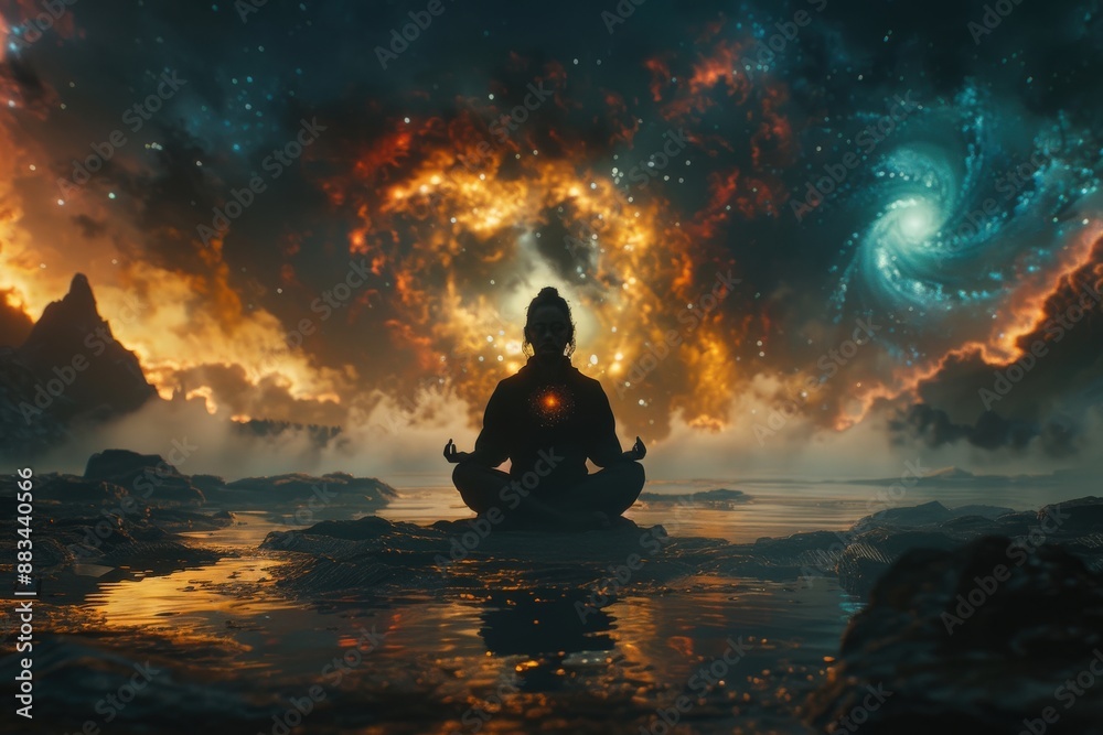 Meditative Silhouette in Cosmic Landscape: Person Meditating near Water with Galactic Sky, Stars, Swirling Nebulas, Mystical Atmosphere, and Reflections at Duskmeditation Meditative Silhouette in Cosmic Landscape: Person Meditating near Water with Galactic Sky, Stars, Swirling Nebulas, Mystical Atmosphere, and Reflections at Duskmeditation