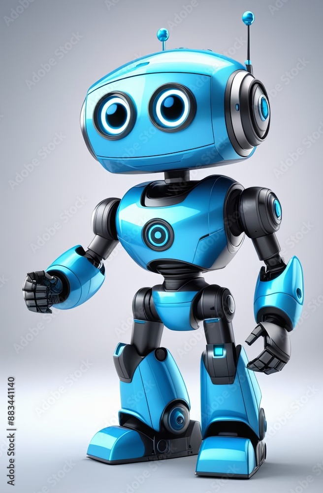 Cheerful funny cartoon children's robot. Cute cyborg, futuristic modern bot, android, smiling character in 3d illustration isolated on grey background. Science technology concept Cheerful funny cartoon children's robot. Cute cyborg, futuristic modern bot, android, smiling character in 3d illustration isolated on grey background. Science technology concept