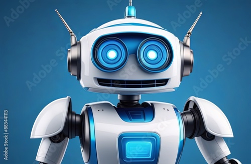 Cheerful funny cartoon children's robot. Cute cyborg, futuristic modern bot, android, smiling character in 3d illustration isolated on blue background. Science technology concept photo