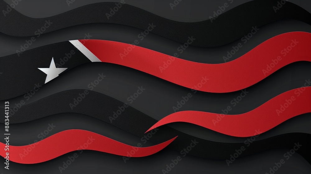 Naklejka premium digitally created paper mockup design of the East Timor flag with a wavy texture. The flag is displayed against a dark background, with red and black colors dominating the design.