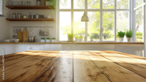 A contemporary wooden table with a glossy surface, standing out against a subtly blurred kitchen filled with bright, airy windows and modern fixtures. © Maksym