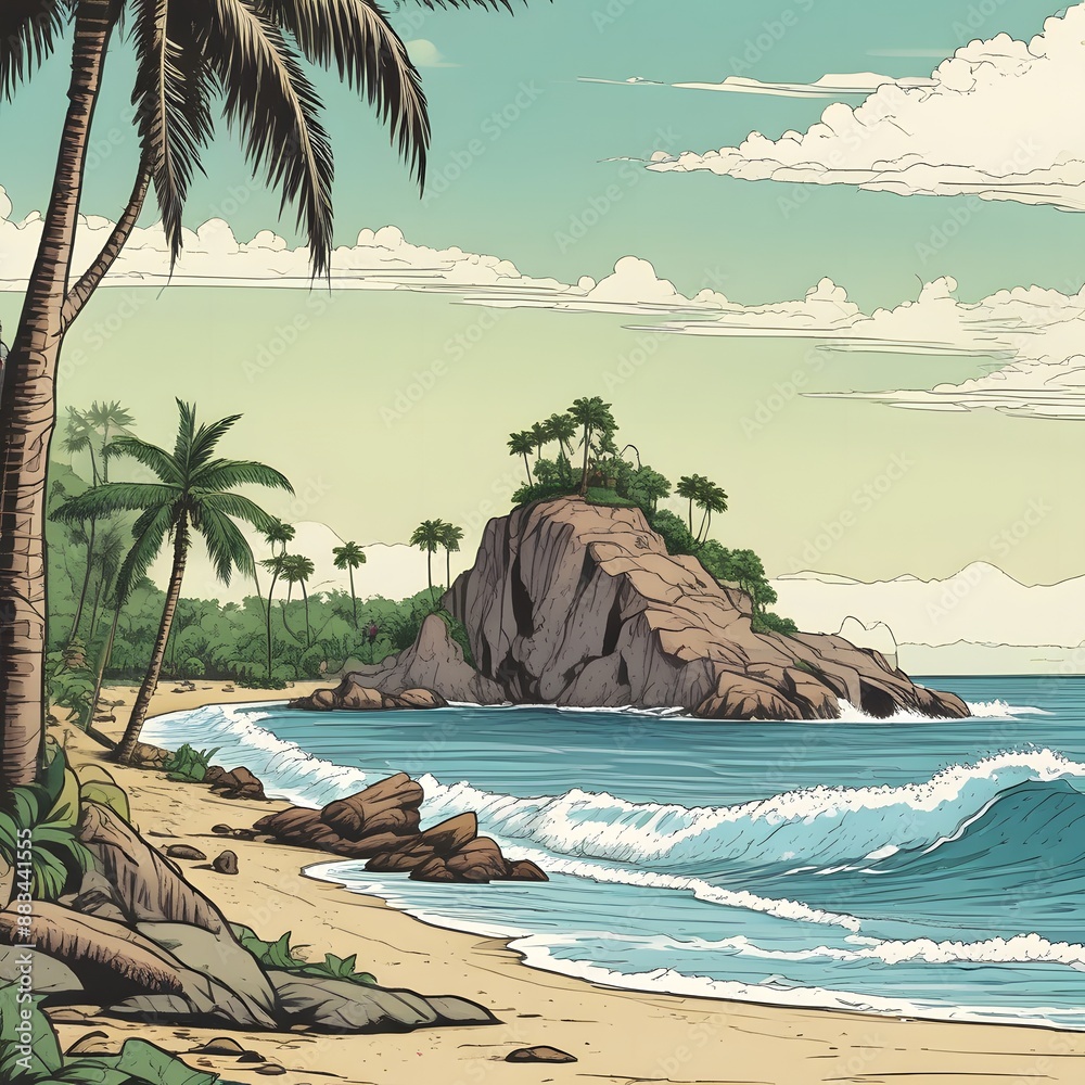 Naklejka premium beach and palm trees, beach with palms, beach with palm trees. a mountain beach with palm tree with ocean.