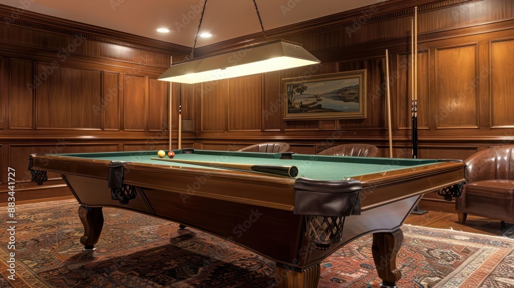 The traditional wood-paneled billiards room of a Suburban Colonial home ...