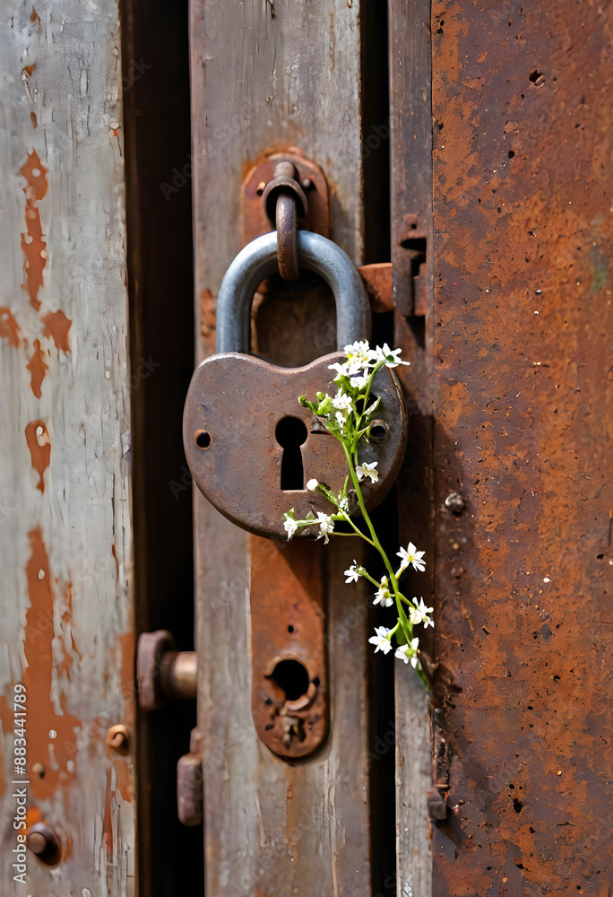 Rustic Lock and Blooming Flowers on Old Door Rustic Lock and Blooming Flowers on Old Door