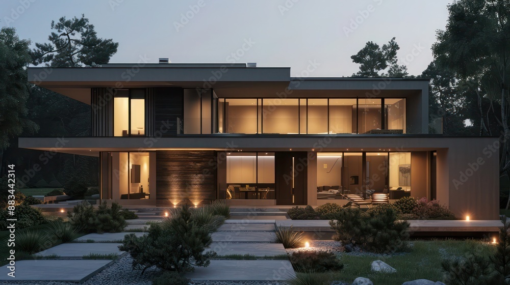 Suburban Modern home with a minimalist exterior, hidden lighting, and a focus on horizontal lines Suburban Modern home with a minimalist exterior, hidden lighting, and a focus on horizontal lines