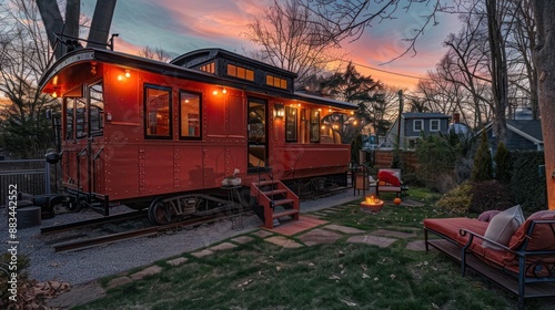 The vintage train caboose converted into a backyard retreat at a Suburban Colonial home, complete with cozy interiors and original details
