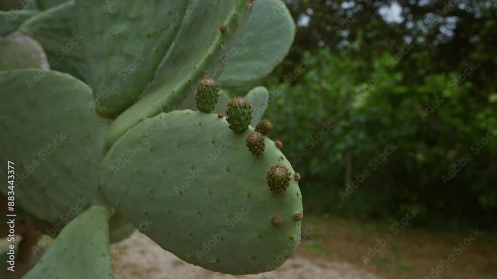 Close-up of a prickly pear cactus in an outdoor setting in puglia, italy, showcasing its green pads and small growths with a blurred forest background. Close-up of a prickly pear cactus in an outdoor setting in puglia, italy, showcasing its green pads and small growths with a blurred forest background.