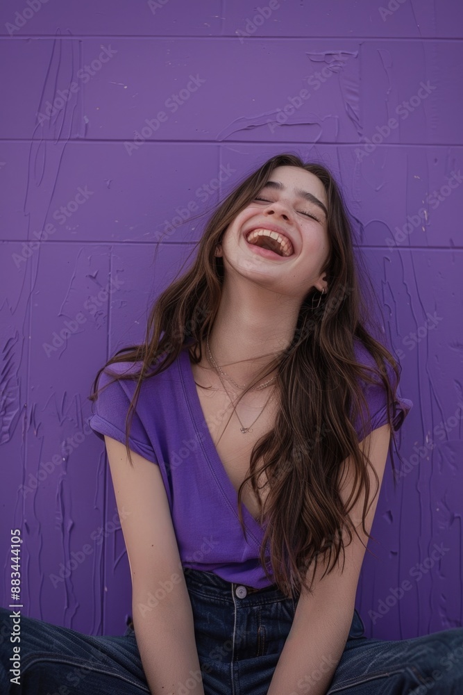 Fototapeta premium Young woman sitting outdoors laughing