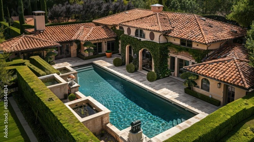 erial perspective of a Mediterranean home with terracotta roofs, a sparkling pool, and perfectly manicured hedges, devoid of human presence photo