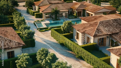 erial perspective of a Mediterranean home with terracotta roofs, a sparkling pool, and perfectly manicured hedges, devoid of human presence photo