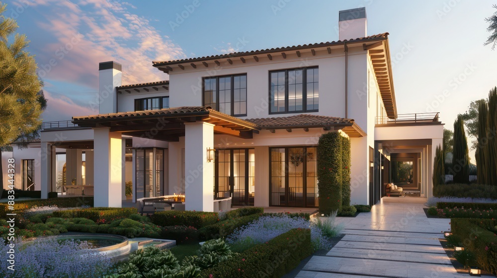 architectural rendering of a Mediterranean-style house with modern twists, including sleek lines and minimalist garden design architectural rendering of a Mediterranean-style house with modern twists, including sleek lines and minimalist garden design