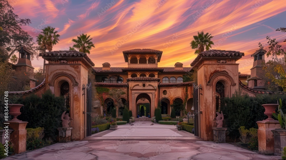 Obraz premium opulent Mediterranean mansion with a grand archway leading to a secluded garden, under a sky streaked with pink and orange hues