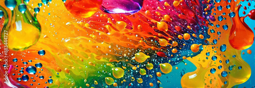 Bright abstract colorful liquid background with drops and bubbles