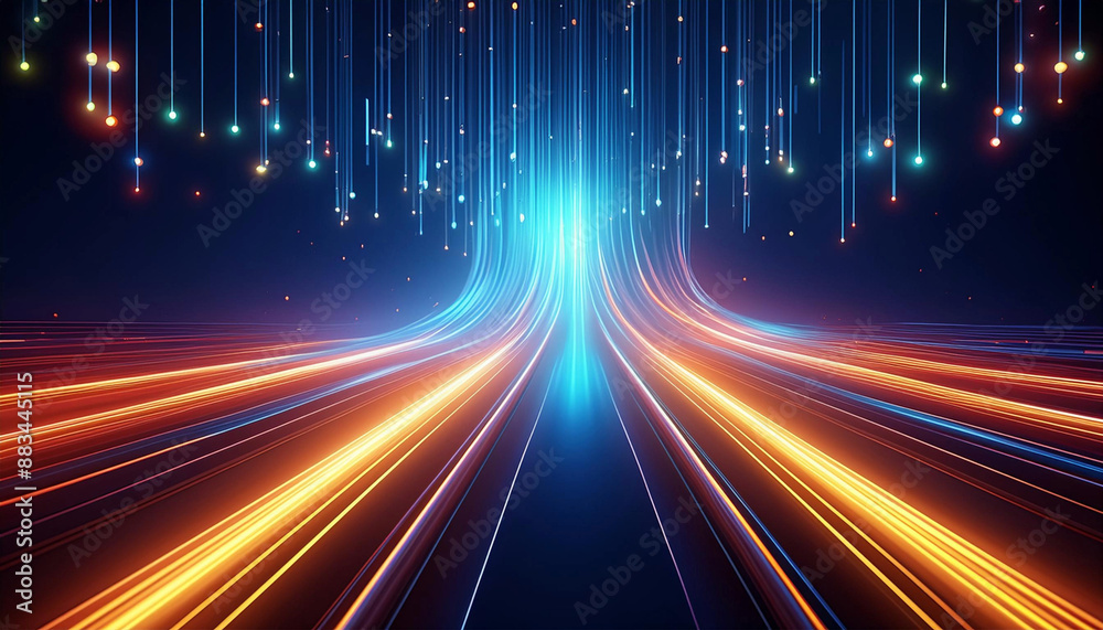 Obraz premium Optical data concept depicted by abstract glowing lines on a dark background. The high speed, vast capacity data transmission enabled by optical fiber technology in today's digital age. Generative AI