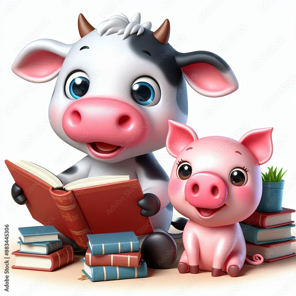 Cute Cow And Pig Reading Book Cartoon 3d Generative AI Cute Cow And Pig Reading Book Cartoon 3d Generative AI