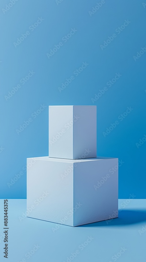 Two white cubes are stacked on top of each other on a blue background Two white cubes are stacked on top of each other on a blue background