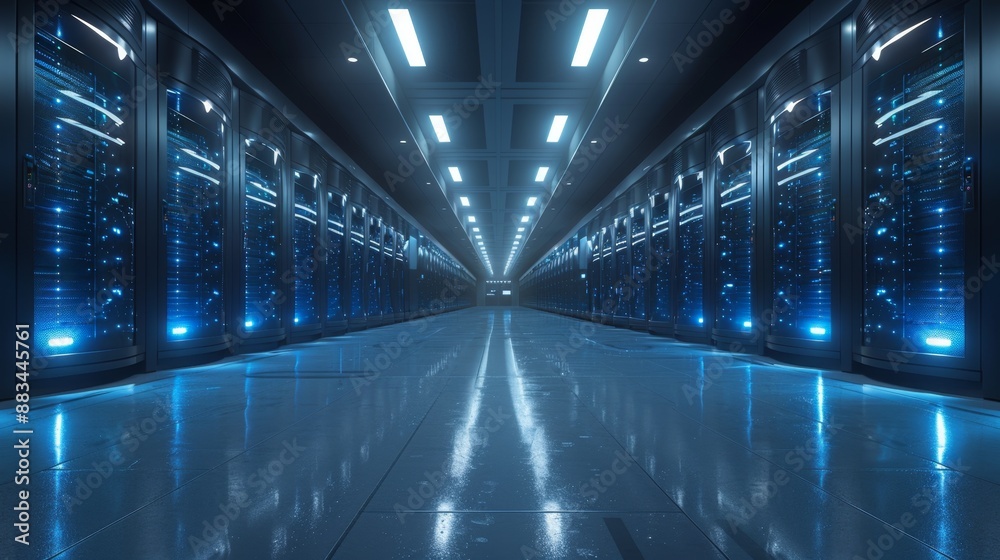 Futuristic data center with blue lights - generative ai Futuristic data center with blue lights - generative ai