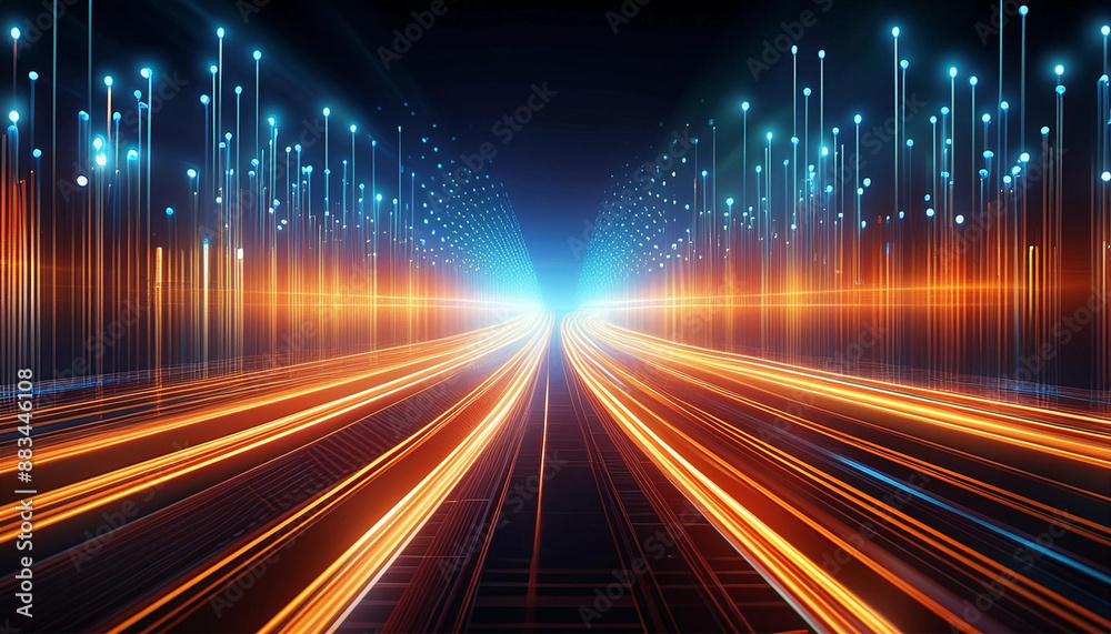 Optical data concept depicted by abstract glowing lines on a dark background. The high speed, vast capacity data transmission enabled by optical fiber technology in today's digital age. Generative AI Optical data concept depicted by abstract glowing lines on a dark background. The high speed, vast capacity data transmission enabled by optical fiber technology in today's digital age. Generative AI