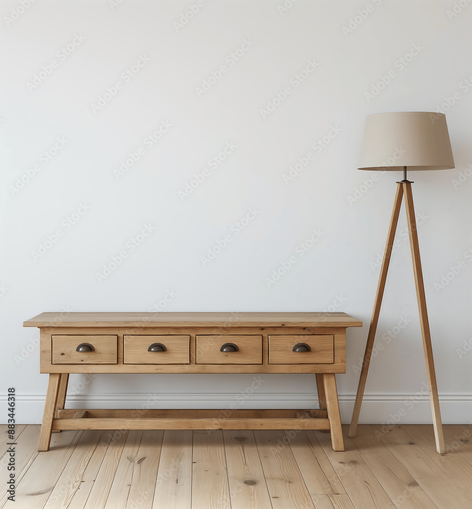 Simple Wooden Console Table with Tripod Lamp Against White Wall